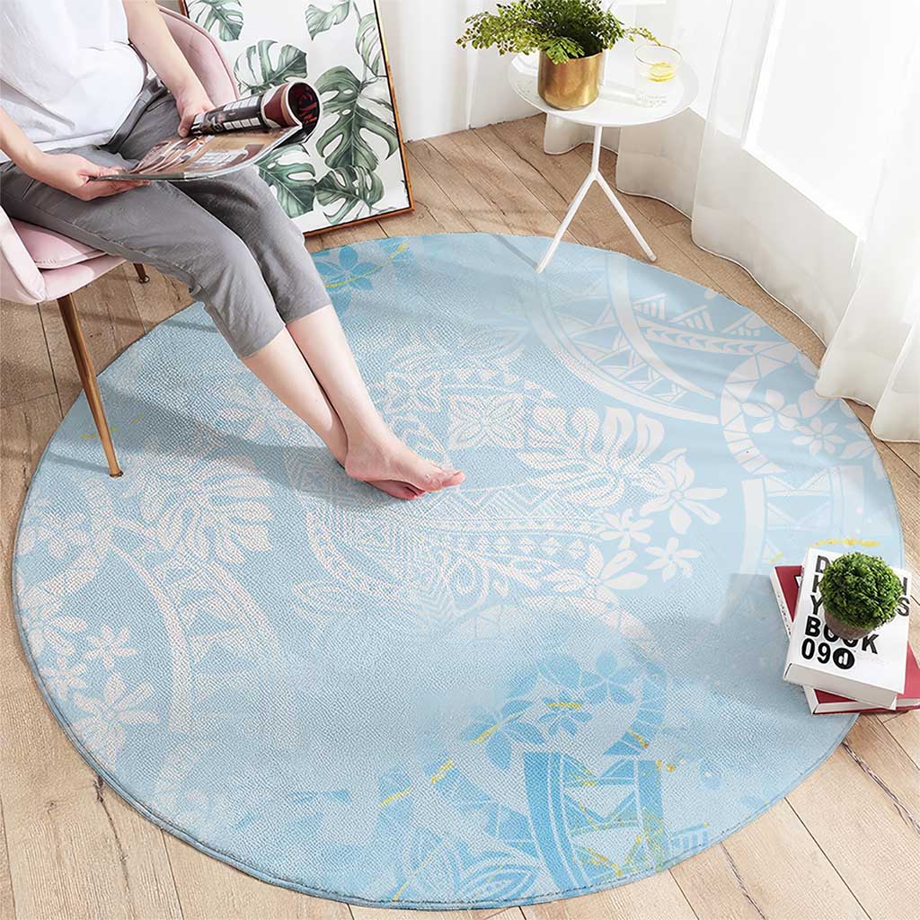 Polynesian Tiare Monstera Baby Blue Round Carpet Liquid Style - Polynesian Pride