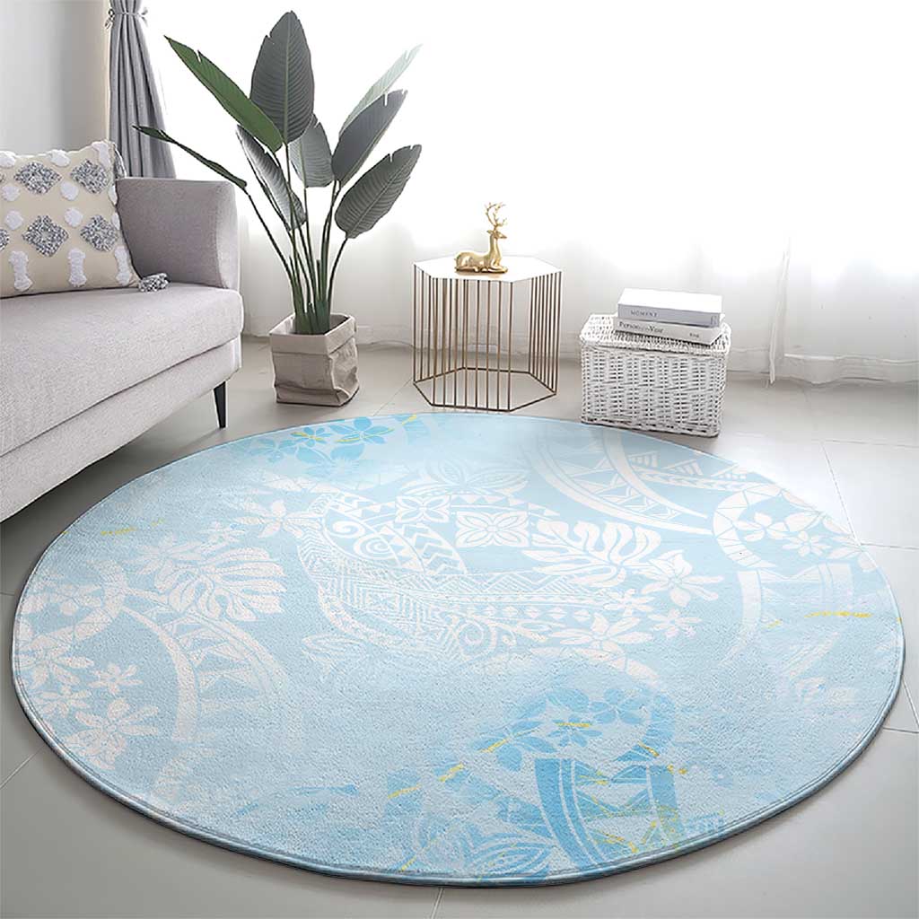 Polynesian Tiare Monstera Baby Blue Round Carpet Liquid Style - Polynesian Pride