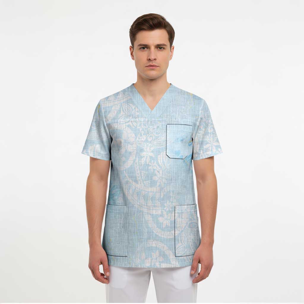 Polynesian Tiare Monstera Baby Blue Scrub Top Liquid Style - Polynesian Pride