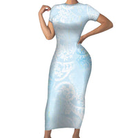 Polynesian Tiare Monstera Baby Blue Short Sleeve Bodycon Dress Liquid Style - Polynesian Pride