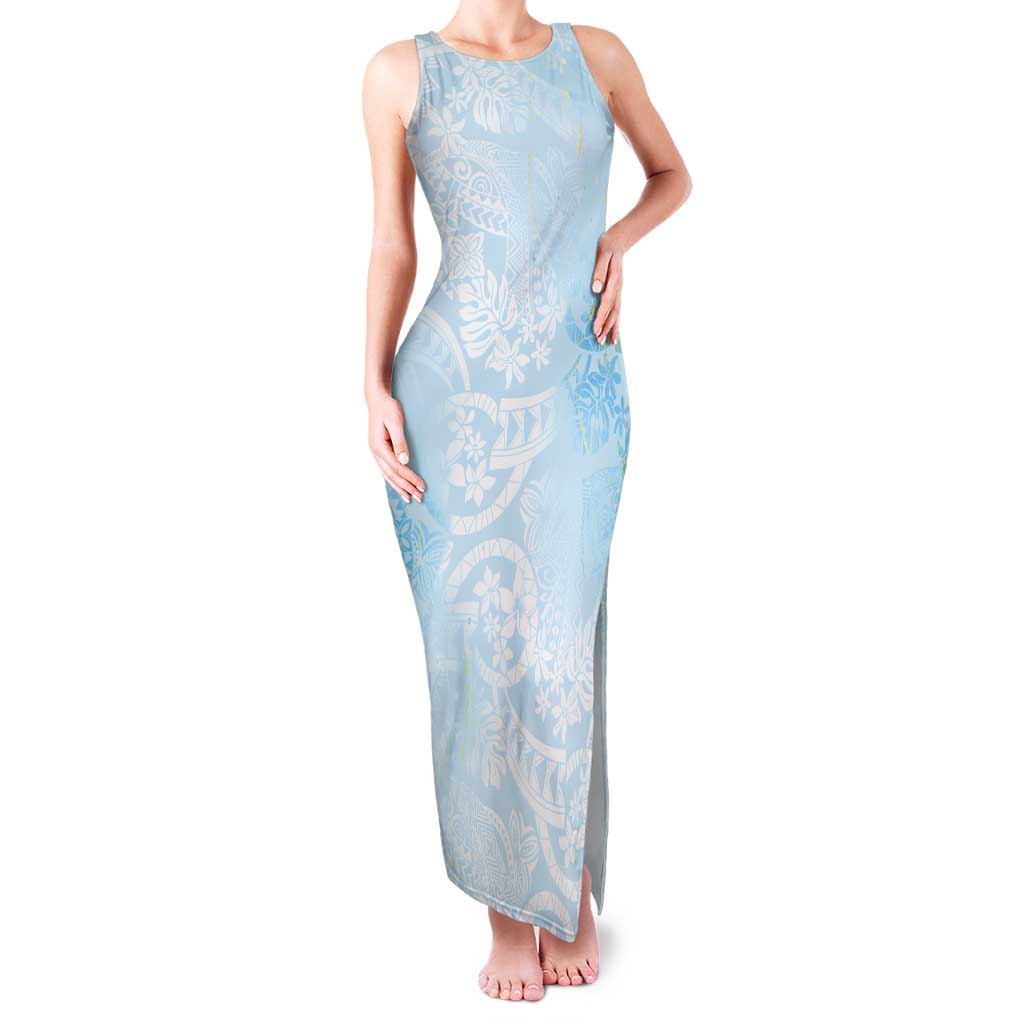 Polynesian Tiare Monstera Baby Blue Tank Maxi Dress Liquid Style - Polynesian Pride