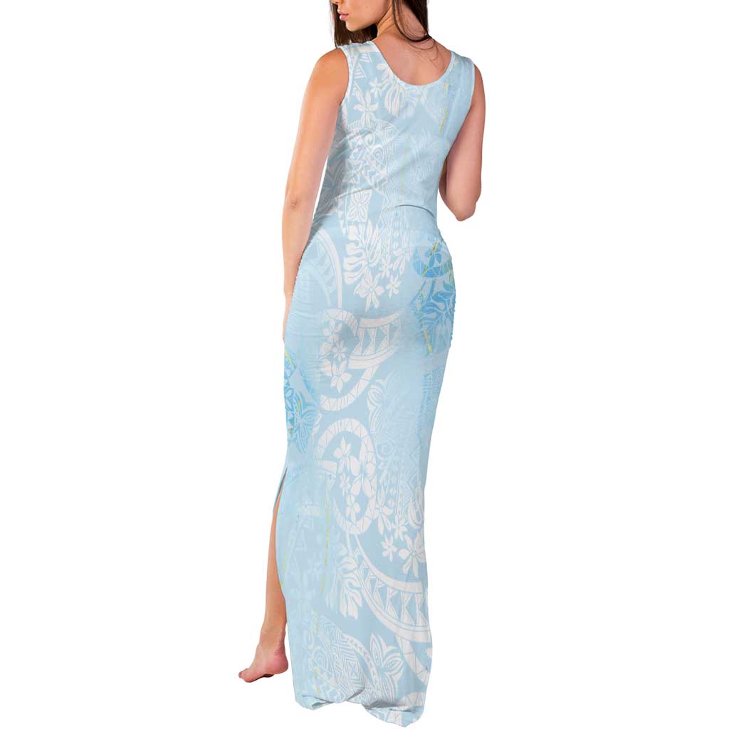 Polynesian Tiare Monstera Baby Blue Tank Maxi Dress Liquid Style - Polynesian Pride