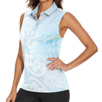 Polynesian Tiare Monstera Baby Blue Women Sleeveless Polo Shirt Liquid Style - Polynesian Pride