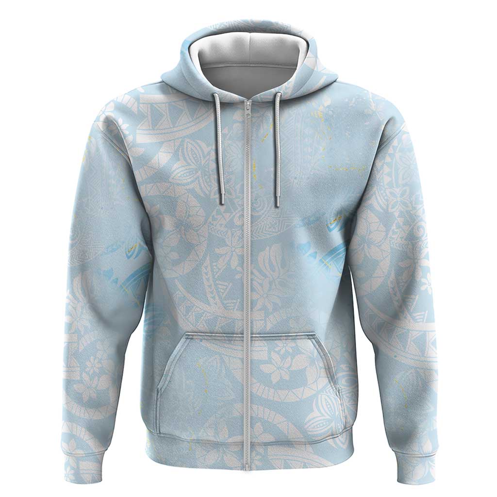 Polynesian Tiare Monstera Baby Blue Zip Hoodie Liquid Style - Polynesian Pride