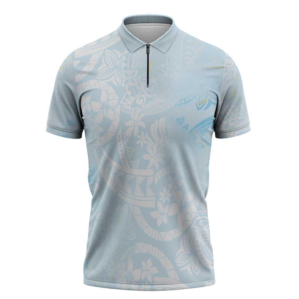 Polynesian Tiare Monstera Baby Blue Zipper Polo Shirt Liquid Style - Polynesian Pride