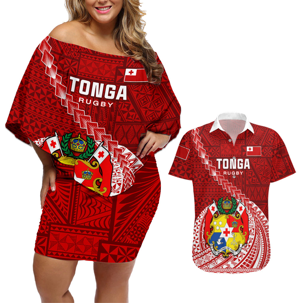 Tonga Rugby Couples Matching Off Shoulder Short Dress and Hawaiian Shirt Tongan Ngatu Pattern White Version LT01 Red - Polynesian Pride