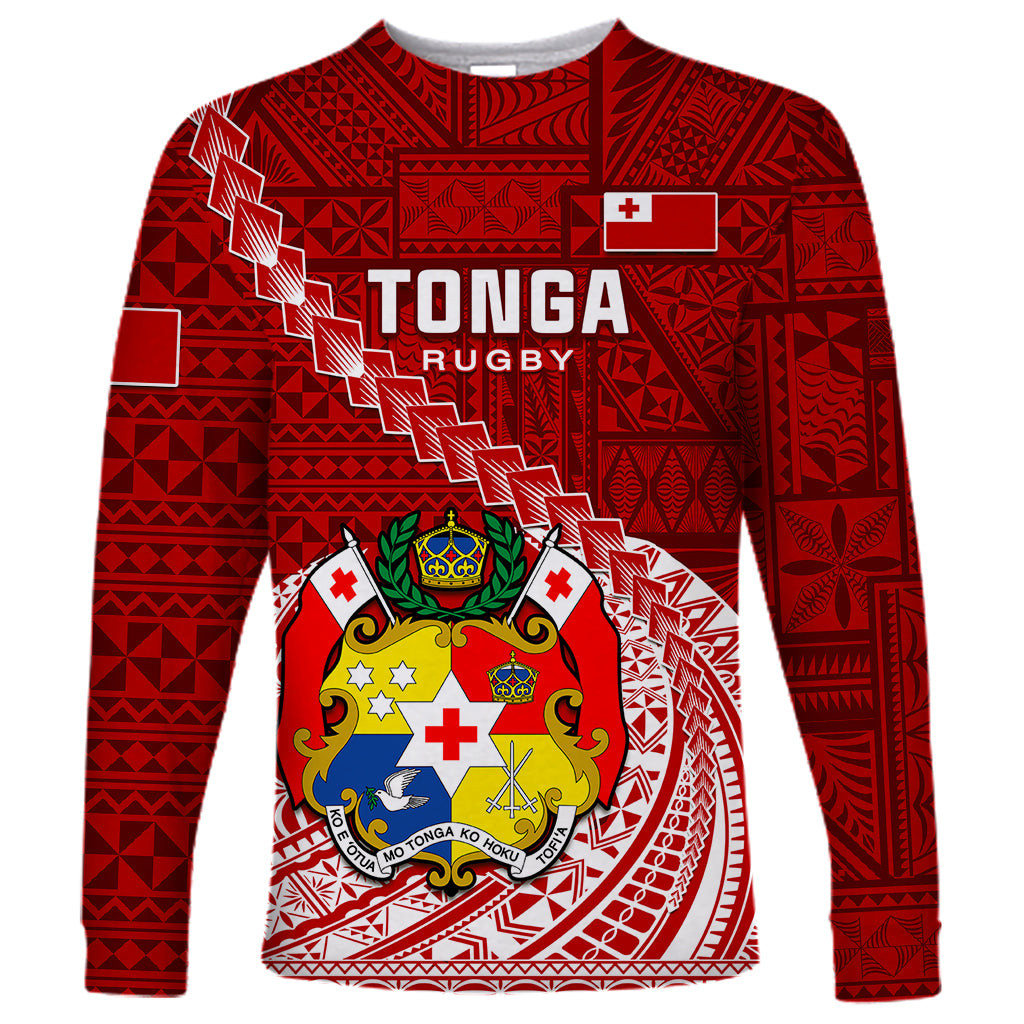 Tonga Rugby Long Sleeve Shirt Tongan Ngatu Pattern White Version LT01 Unisex Red - Polynesian Pride