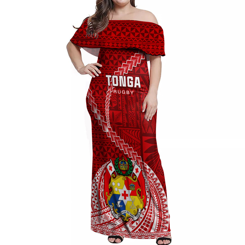 Tonga Rugby Off Shoulder Maxi Dress Tongan Ngatu Pattern White Version LT01 Women Red - Polynesian Pride