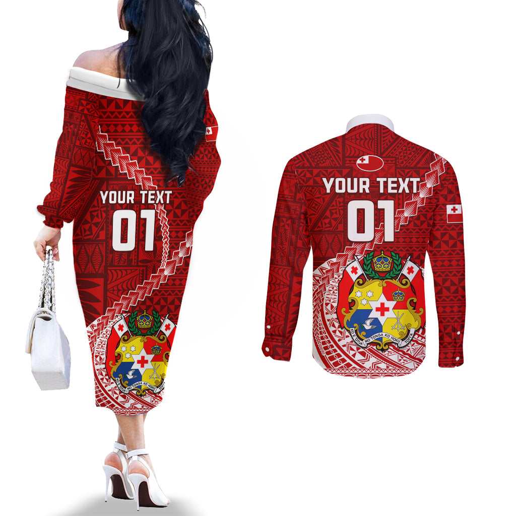 Custom Tonga Rugby Couples Matching Off The Shoulder Long Sleeve Dress and Long Sleeve Button Shirts Tongan Ngatu Pattern White Version LT01 - Polynesian Pride