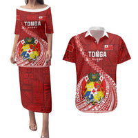 Custom Tonga Rugby Couples Matching Puletasi Dress and Hawaiian Shirt Tongan Ngatu Pattern White Version LT01 Red - Polynesian Pride