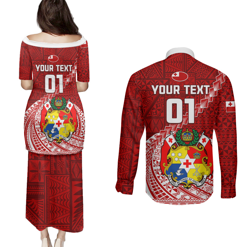 Custom Tonga Rugby Couples Matching Puletasi Dress and Long Sleeve Button Shirts Tongan Ngatu Pattern White Version LT01 - Polynesian Pride