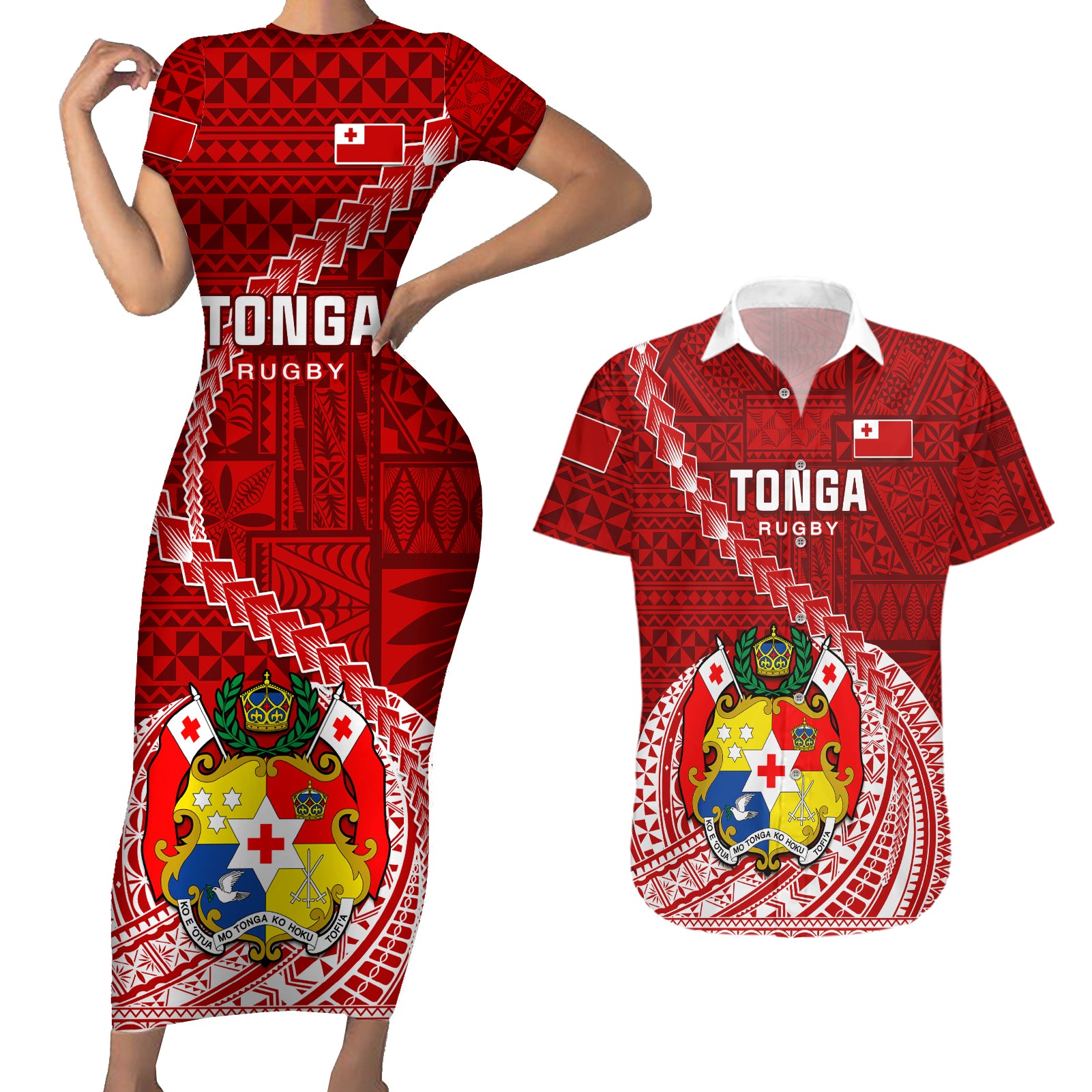 Custom Tonga Rugby Couples Matching Short Sleeve Bodycon Dress and Hawaiian Shirt Tongan Ngatu Pattern White Version LT01 Red - Polynesian Pride