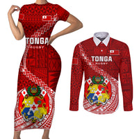 Custom Tonga Rugby Couples Matching Short Sleeve Bodycon Dress and Long Sleeve Button Shirts Tongan Ngatu Pattern White Version LT01 Red - Polynesian Pride