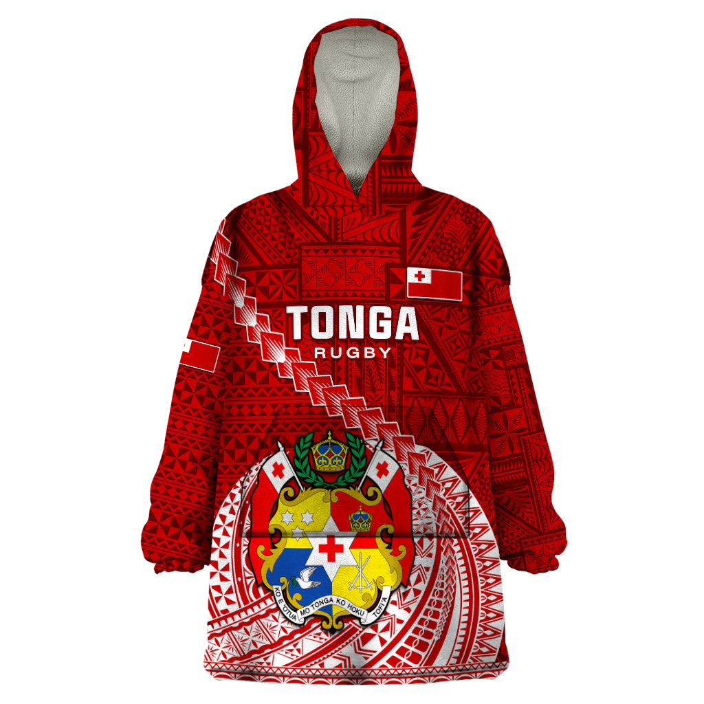 Custom Tonga Rugby Wearable Blanket Hoodie Tongan Ngatu Pattern White Version LT01 One Size Red - Polynesian Pride