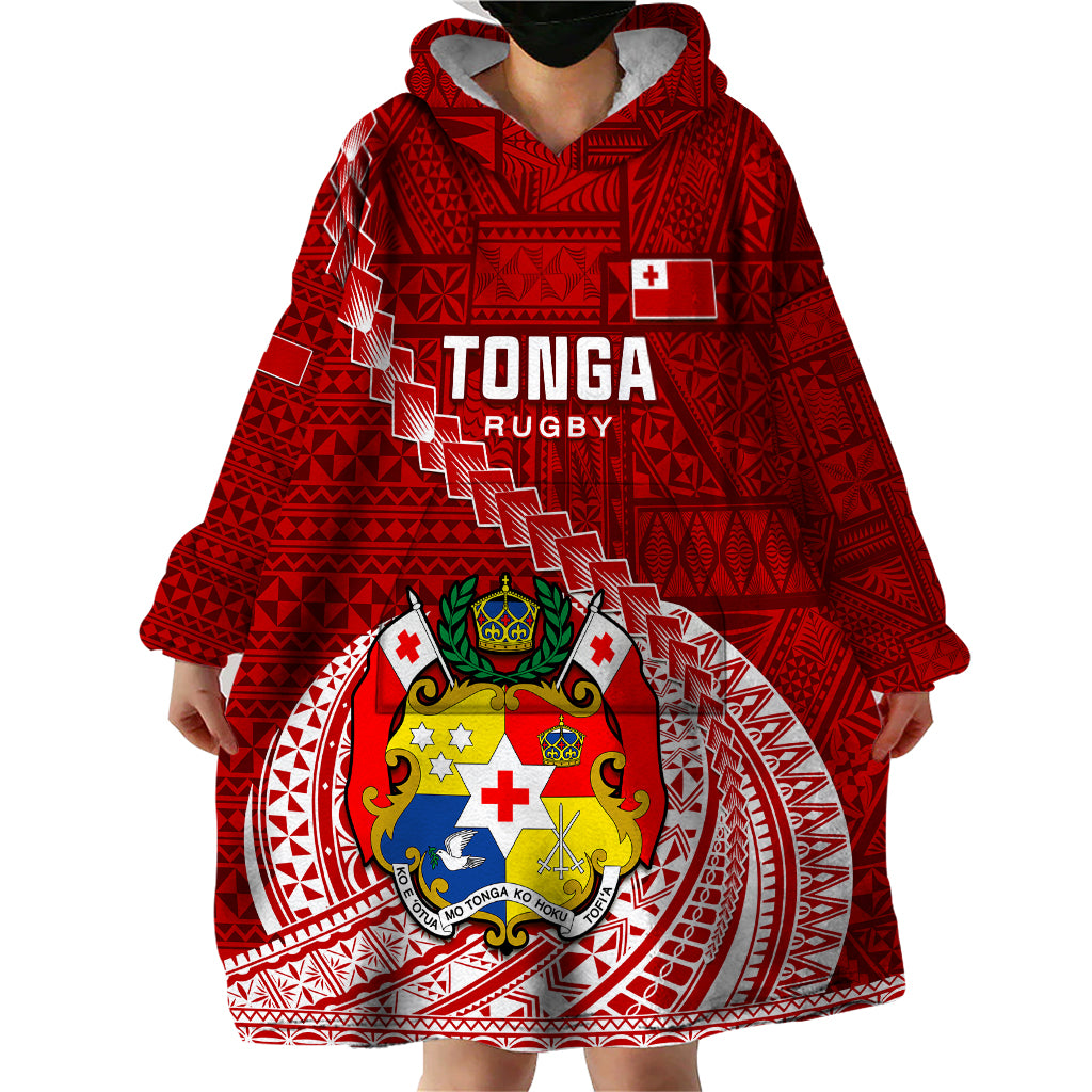 Custom Tonga Rugby Wearable Blanket Hoodie Tongan Ngatu Pattern White Version LT01 - Polynesian Pride