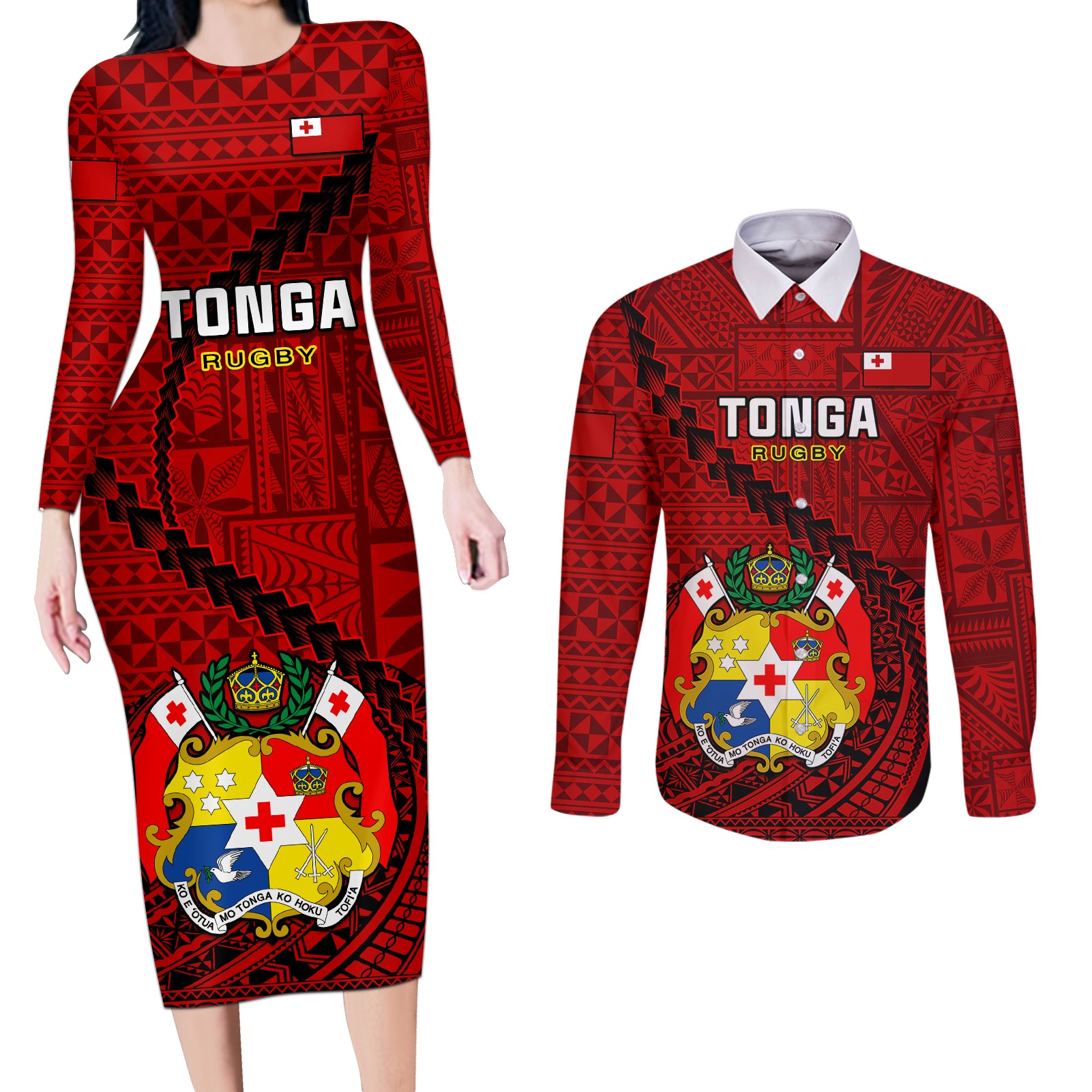 Tonga Rugby Couples Matching Long Sleeve Bodycon Dress and Long Sleeve Button Shirts Tongan Ngatu Pattern Black Version LT01 Red - Polynesian Pride