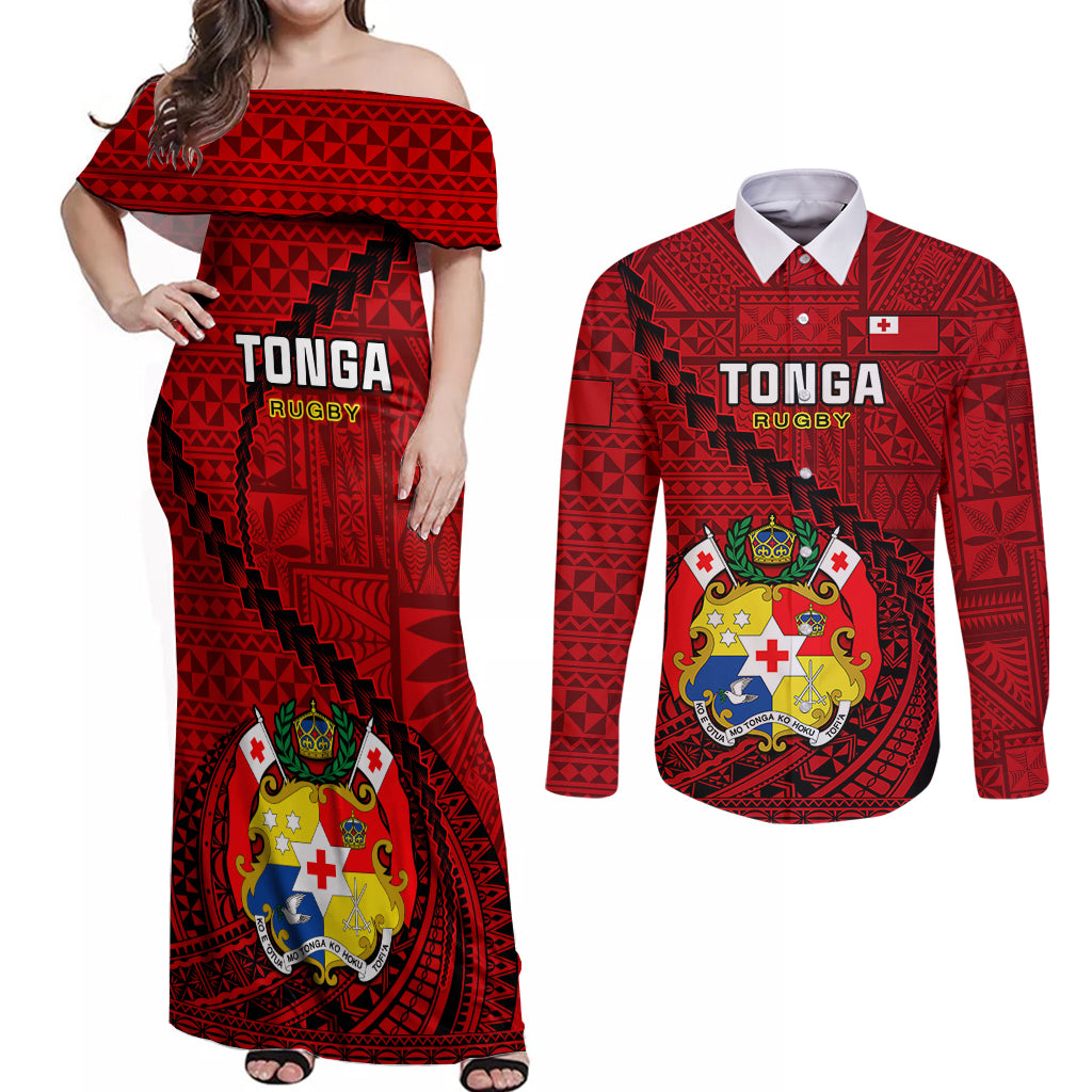 Tonga Rugby Couples Matching Off Shoulder Maxi Dress and Long Sleeve Button Shirts Tongan Ngatu Pattern Black Version LT01 Red - Polynesian Pride