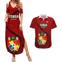 Tonga Rugby Couples Matching Summer Maxi Dress and Hawaiian Shirt Tongan Ngatu Pattern Black Version LT01 Red - Polynesian Pride