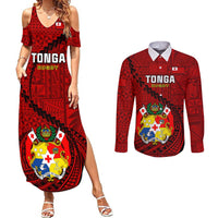 Tonga Rugby Couples Matching Summer Maxi Dress and Long Sleeve Button Shirts Tongan Ngatu Pattern Black Version LT01 Red - Polynesian Pride