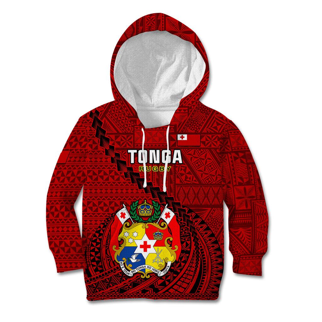 Tonga Rugby Kid Hoodie Tongan Ngatu Pattern Black Version LT01 Hoodie Red - Polynesian Pride