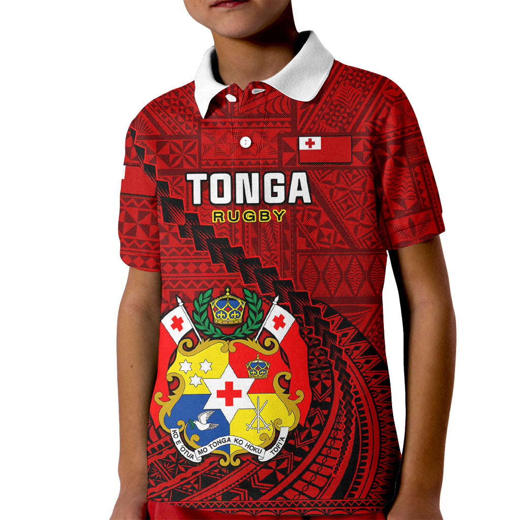 Tonga Rugby Kid Polo Shirt Tongan Ngatu Pattern Black Version LT01 Kid Red - Polynesian Pride