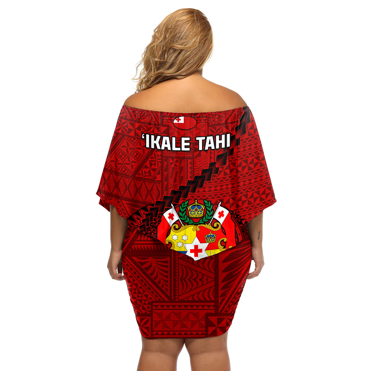 Tonga Rugby Off Shoulder Short Dress Tongan Ngatu Pattern Black Version LT01 - Polynesian Pride