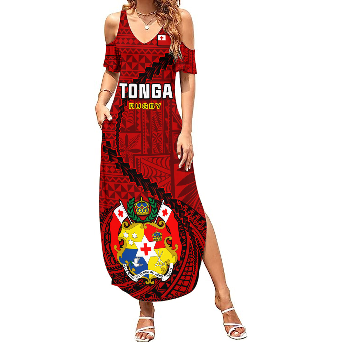 Tonga Rugby Summer Maxi Dress Tongan Ngatu Pattern Black Version LT01 Women Red - Polynesian Pride