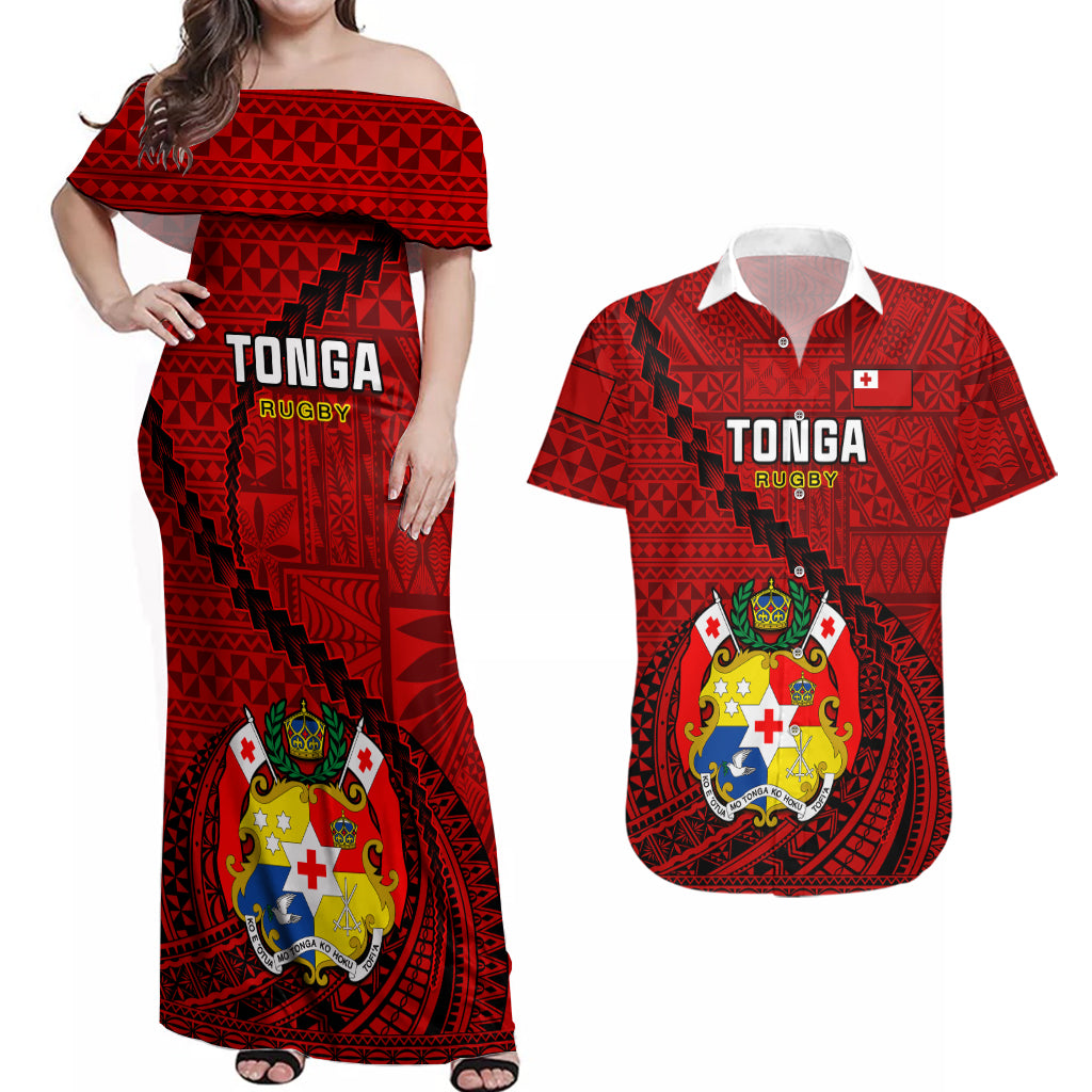 Custom Tonga Rugby Couples Matching Off Shoulder Maxi Dress and Hawaiian Shirt Tongan Ngatu Pattern Black Version LT01 Red - Polynesian Pride