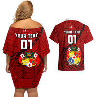 Custom Tonga Rugby Couples Matching Off Shoulder Short Dress and Hawaiian Shirt Tongan Ngatu Pattern Black Version LT01 - Polynesian Pride