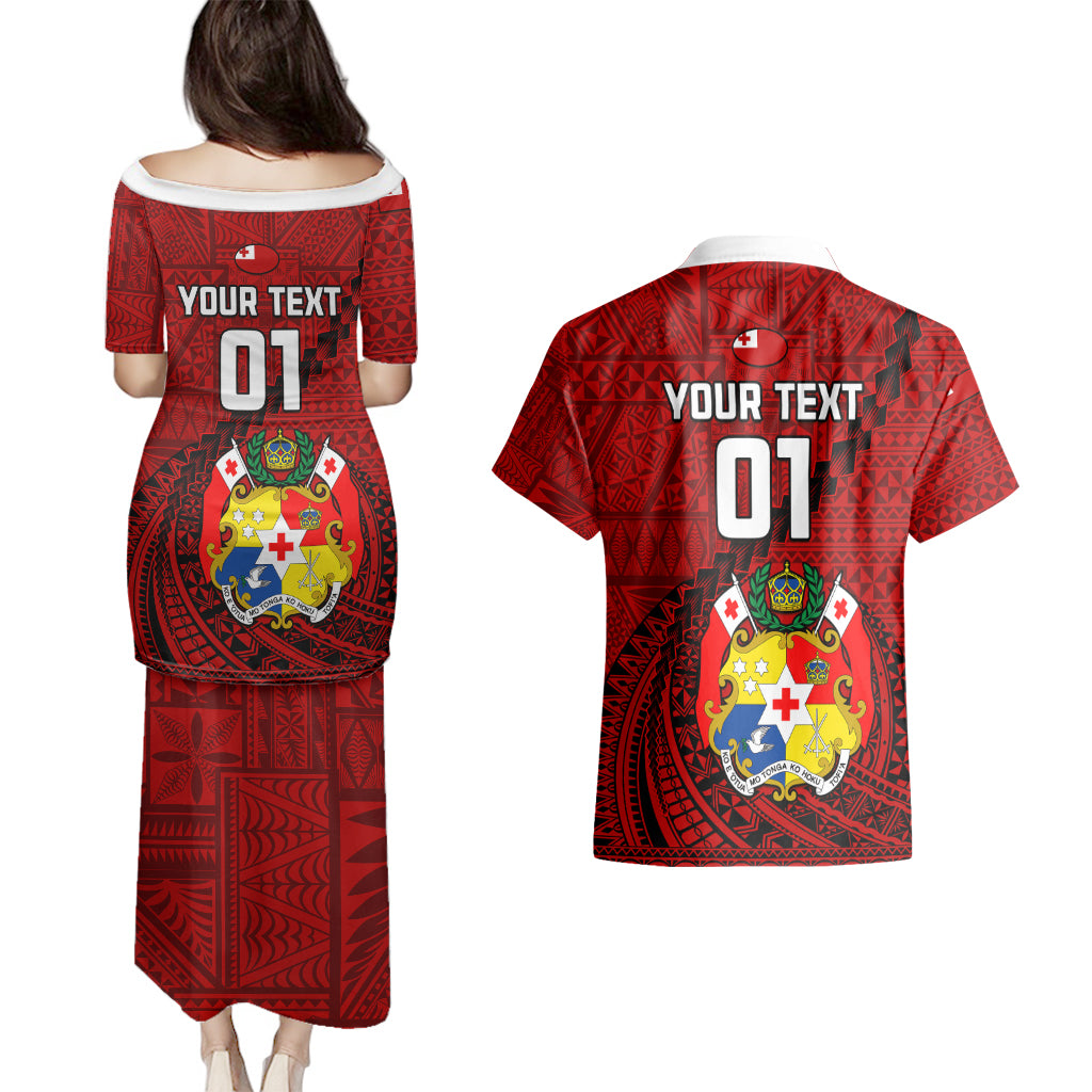 Custom Tonga Rugby Couples Matching Puletasi Dress and Hawaiian Shirt Tongan Ngatu Pattern Black Version LT01 - Polynesian Pride