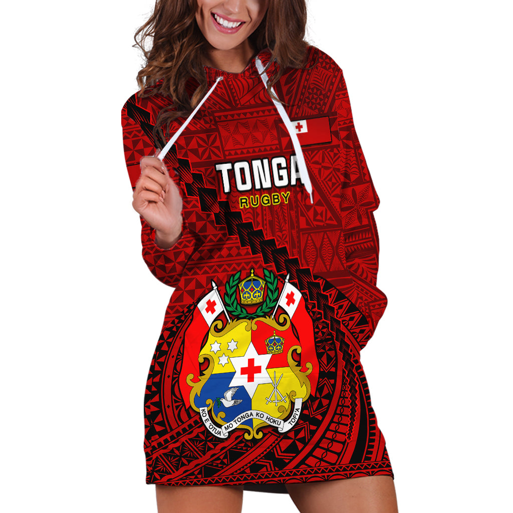 Custom Tonga Rugby Hoodie Dress Tongan Ngatu Pattern Black Version LT01 Red - Polynesian Pride