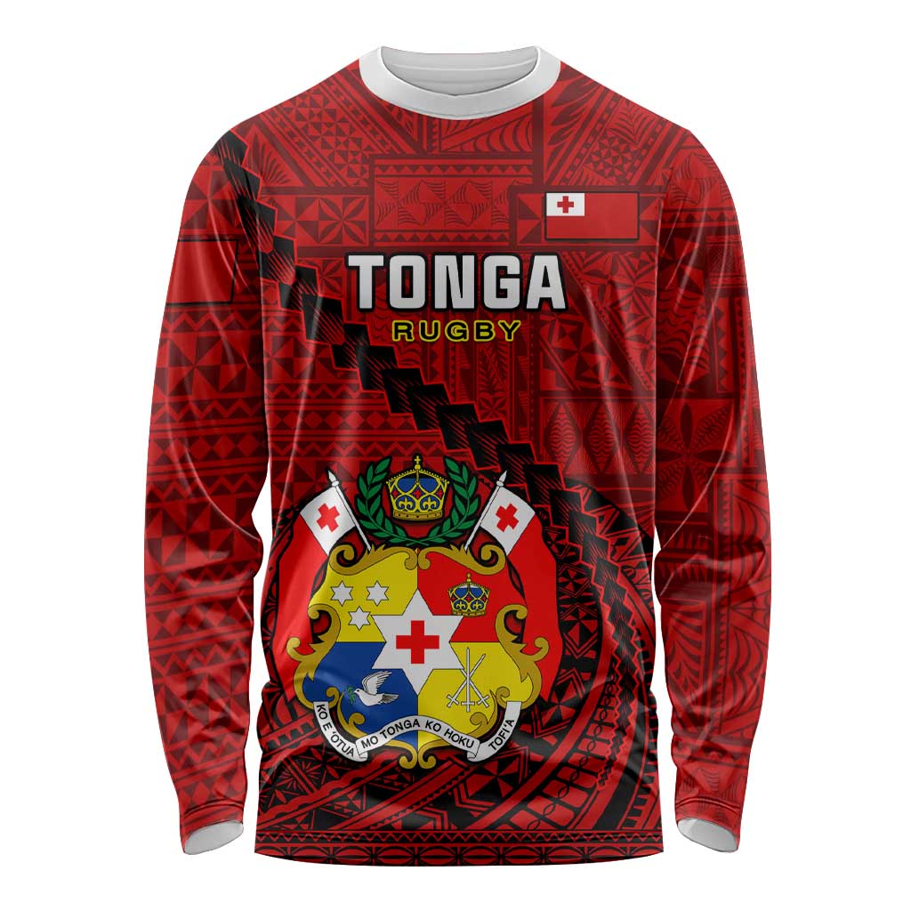 Custom Tonga Rugby Long Sleeve Shirt Tongan Ngatu Pattern Black Version LT01
