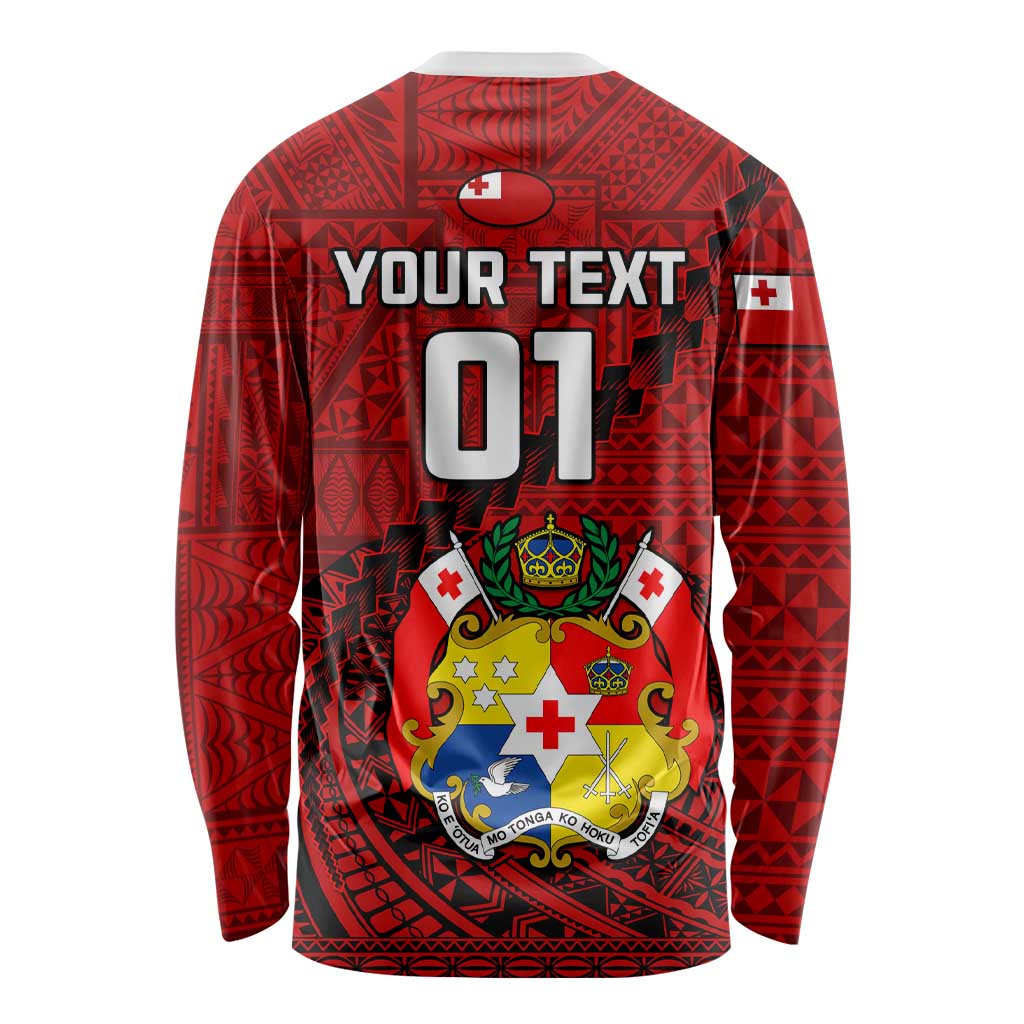 Custom Tonga Rugby Long Sleeve Shirt Tongan Ngatu Pattern Black Version LT01