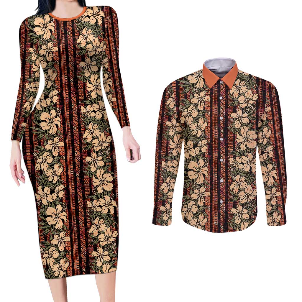 Hawaii Hibiscus Couples Matching Long Sleeve Bodycon Dress and Long Sleeve Button Shirt Retro Style - Polynesian Pride