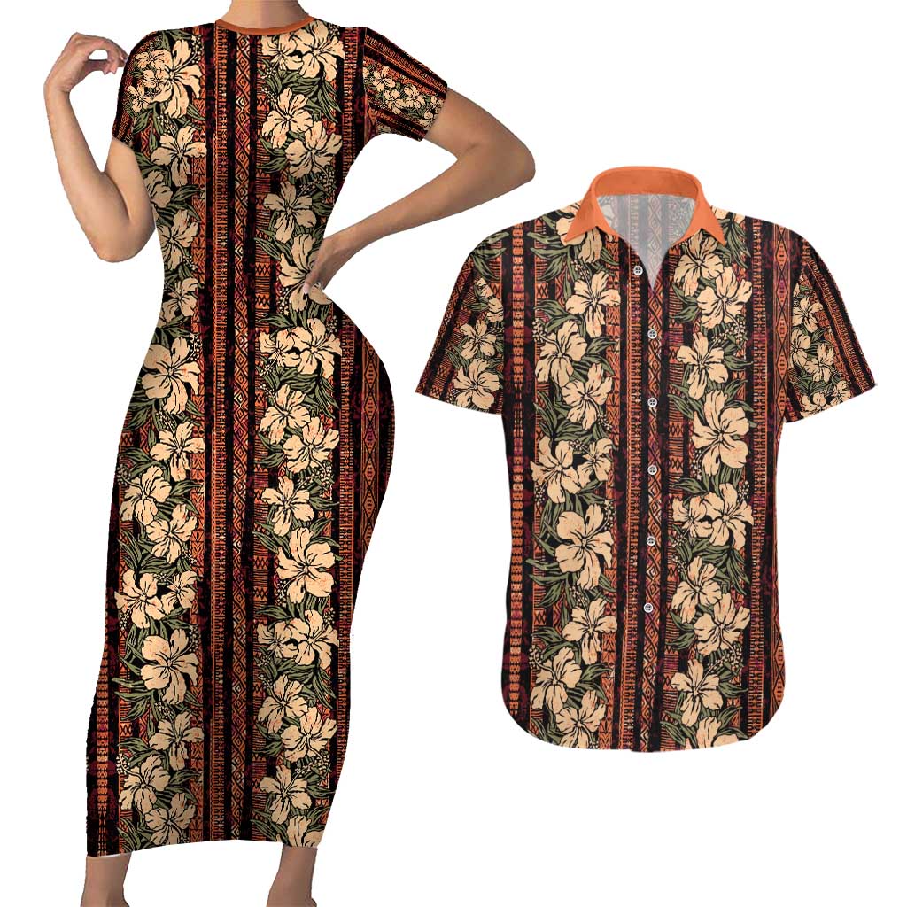 Hawaii Hibiscus Couples Matching Short Sleeve Bodycon Dress and Hawaiian Shirt Retro Style - Polynesian Pride