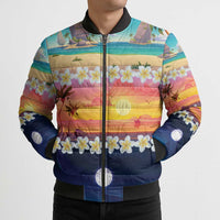 Hawaii Beach Landscape Time-Lapse Bomber Puffer Jacket Tropical Plumeria Flowers - Polynesian Pride