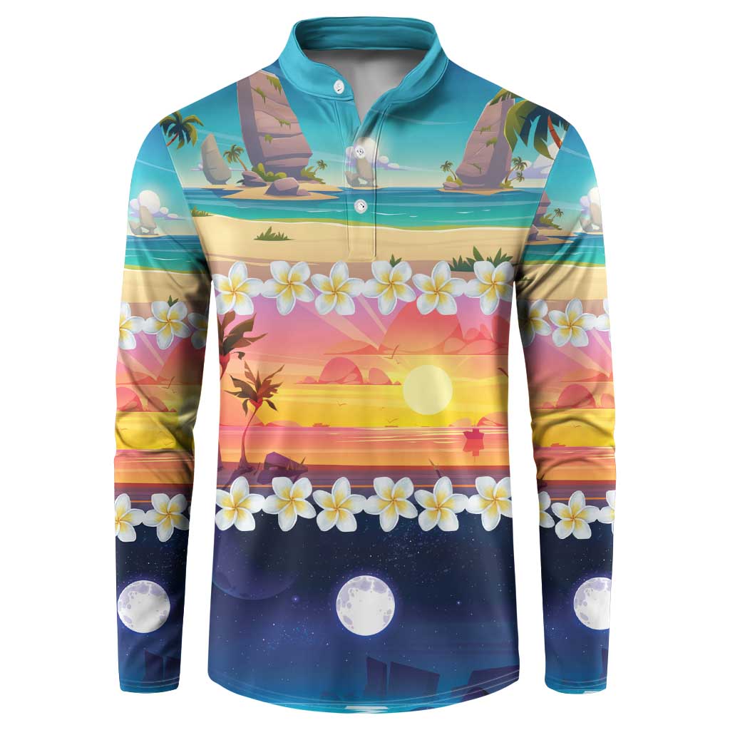 Hawaii Beach Landscape Time-Lapse Button Sweatshirt Tropical Plumeria Flowers - Polynesian Pride