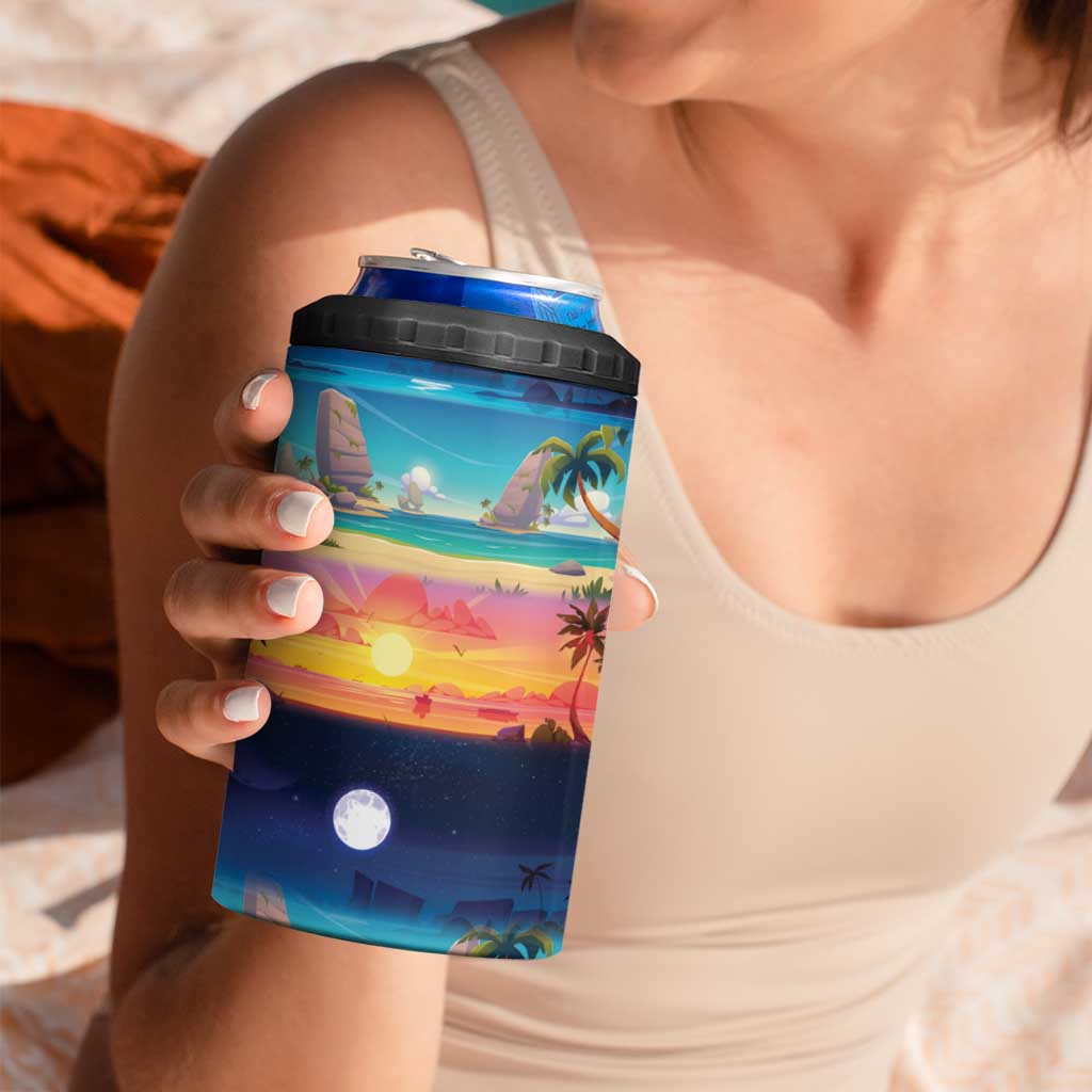 Hawaii Beach Landscape Time-Lapse 4 in 1 Can Cooler Tumbler Tropical Plumeria Flowers - Polynesian Pride