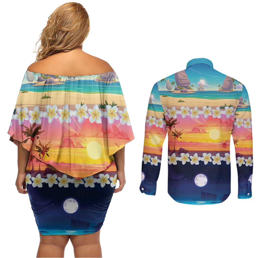 Hawaii Beach Landscape Time-Lapse Couples Matching Off Shoulder Short Dress and Long Sleeve Button Shirt Tropical Plumeria Flowers - Polynesian Pride