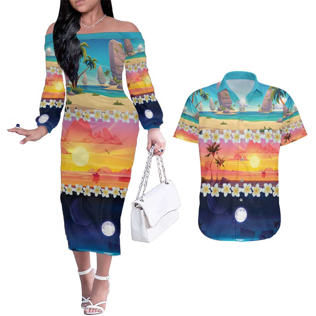 Hawaii Beach Landscape Time-Lapse Couples Matching Off The Shoulder Long Sleeve Dress and Hawaiian Shirt Tropical Plumeria Flowers - Polynesian Pride