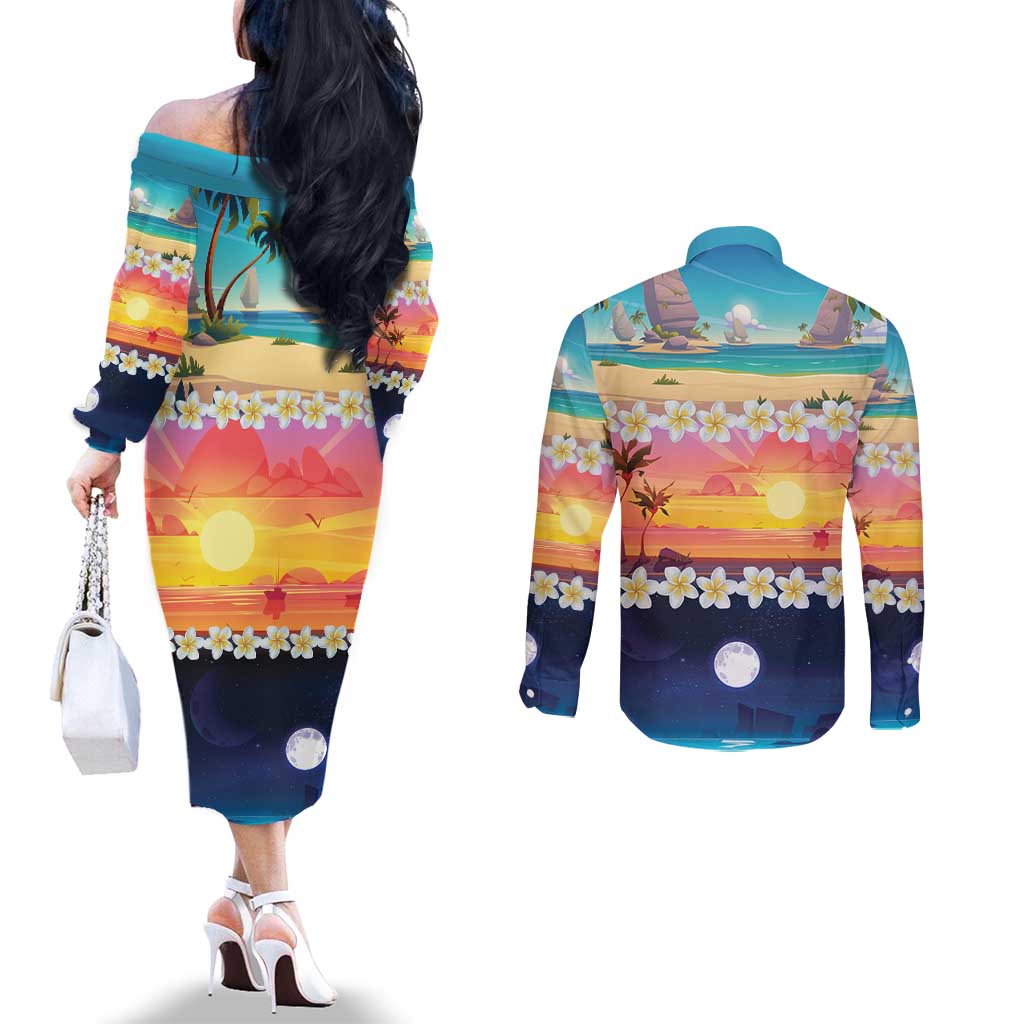 Hawaii Beach Landscape Time-Lapse Couples Matching Off The Shoulder Long Sleeve Dress and Long Sleeve Button Shirt Tropical Plumeria Flowers - Polynesian Pride