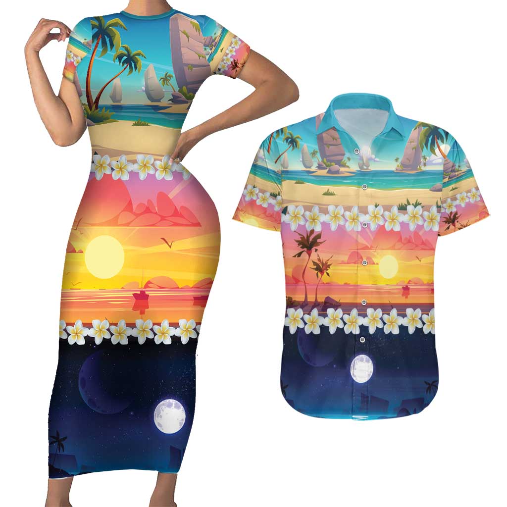Hawaii Beach Landscape Time-Lapse Couples Matching Short Sleeve Bodycon Dress and Hawaiian Shirt Tropical Plumeria Flowers - Polynesian Pride