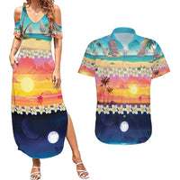 Hawaii Beach Landscape Time-Lapse Couples Matching Summer Maxi Dress and Hawaiian Shirt Tropical Plumeria Flowers - Polynesian Pride