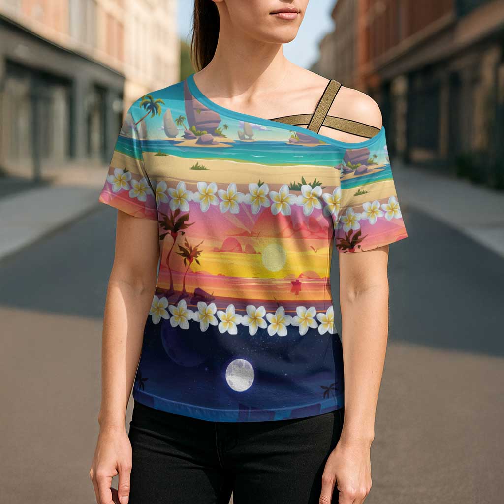 Hawaii Beach Landscape Time-Lapse Cross Shoulder Shirt Tropical Plumeria Flowers - Polynesian Pride