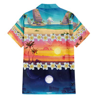 Hawaii Beach Landscape Time-Lapse Family Matching Long Sleeve Bodycon Dress and Hawaiian Shirt Tropical Plumeria Flowers - Polynesian Pride