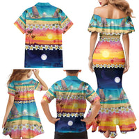Hawaii Beach Landscape Time-Lapse Family Matching Mermaid Dress and Hawaiian Shirt Tropical Plumeria Flowers - Polynesian Pride