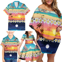 Hawaii Beach Landscape Time-Lapse Family Matching Off Shoulder Short Dress and Hawaiian Shirt Tropical Plumeria Flowers - Polynesian Pride