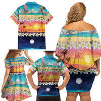 Hawaii Beach Landscape Time-Lapse Family Matching Off Shoulder Short Dress and Hawaiian Shirt Tropical Plumeria Flowers - Polynesian Pride