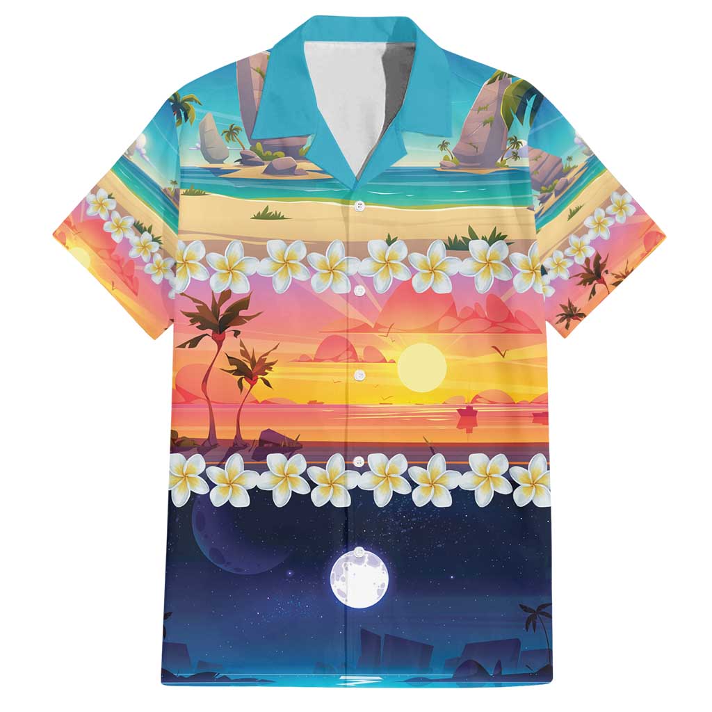 Hawaii Beach Landscape Time-Lapse Family Matching Off Shoulder Short Dress and Hawaiian Shirt Tropical Plumeria Flowers - Polynesian Pride