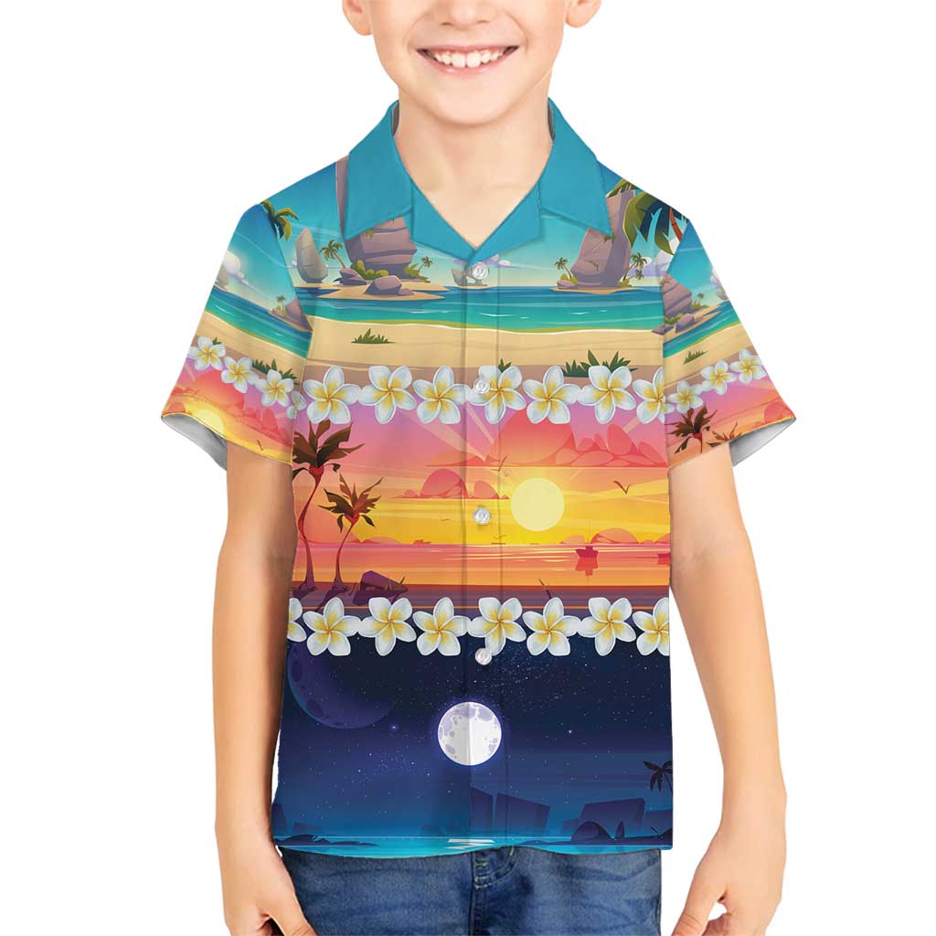 Hawaii Beach Landscape Time-Lapse Family Matching Off Shoulder Short Dress and Hawaiian Shirt Tropical Plumeria Flowers - Polynesian Pride